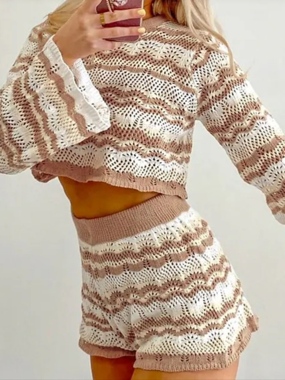 Crocheted Cropped Sweater with Bell Sleeves . One Size, see measutments
